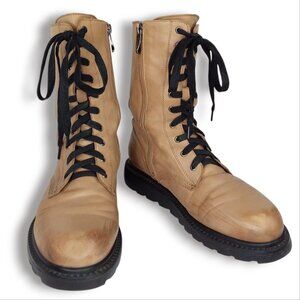 Precis Combat Boots Size 7 Tan Leather Lace Up Side Zipper Grunge Punk Military